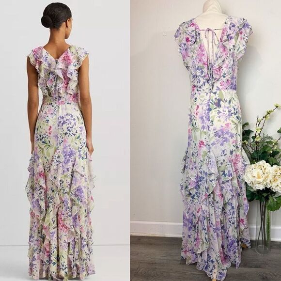 Lauren Ralph Lauren * Ruffled Floral Watercolor Maxi Dress | Size 8 - Picture 5 of 12